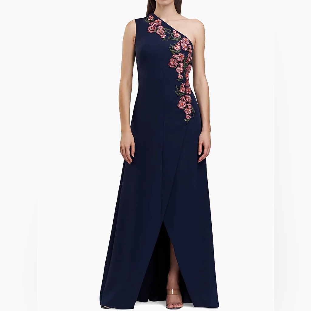 Nwt Kay Unger Nadine Embroidered Crepe One Shoulder Gown